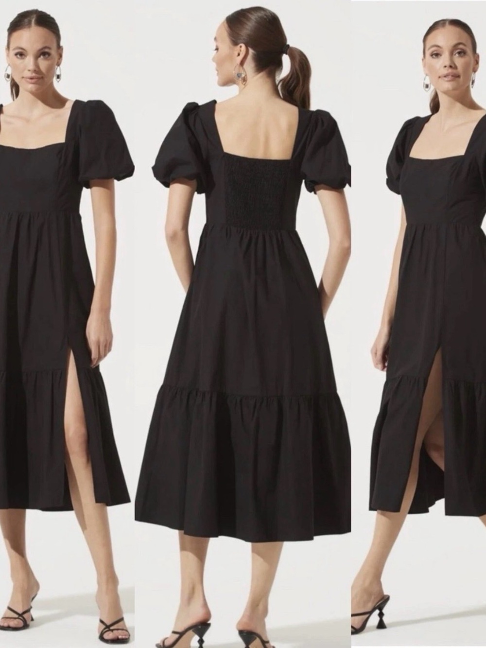 ASTR THE LABEL Tiered Poplin Square Neck Black Midi Dress Size Medium